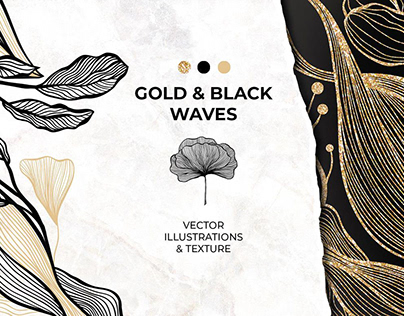 Gold & Black Waves. Lines, Flowers