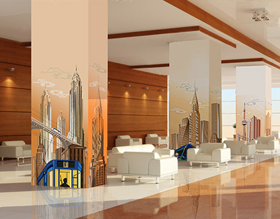 Cityscape illustrations for bank interior design