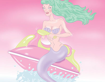 mermaid illustration riding a water scooter