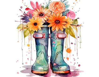 Flower Rain Boots Watercolor Clipart