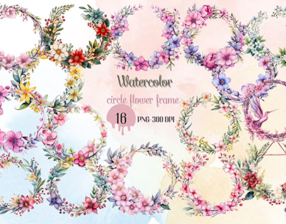 Watercolor circle flower frame