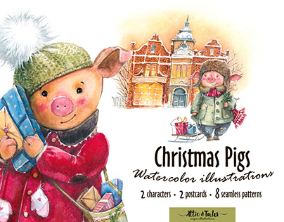 Watercolor christmas pigs