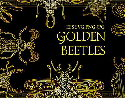 Collection of cliparts with golden beetles
