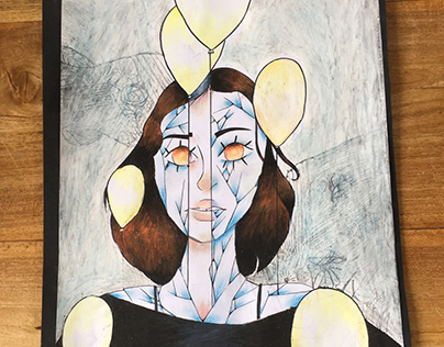 The Blue Faced Girl with Golden Balloons