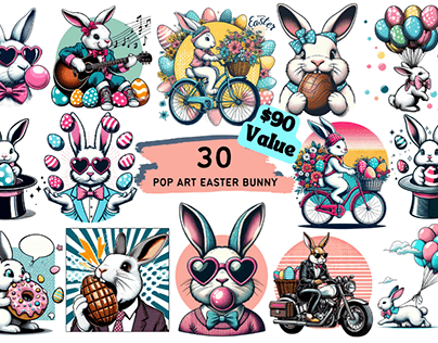 Pop Art Easter Bunny Bundle - 30 PNGs - 4000x4000 Px