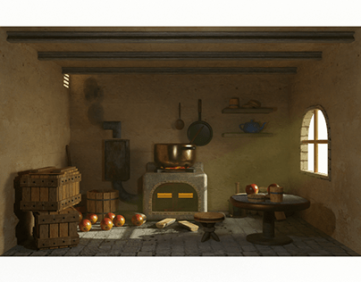 Low poly medieval kitchen scene