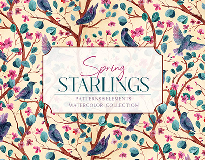 Project thumbnail - Spring Starlings watercolor patterns collection
