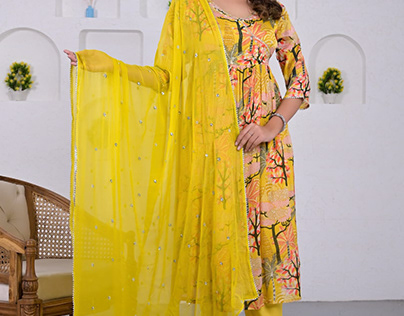 Yellow Chinon Fabric Anarkali Suit With Dupatta