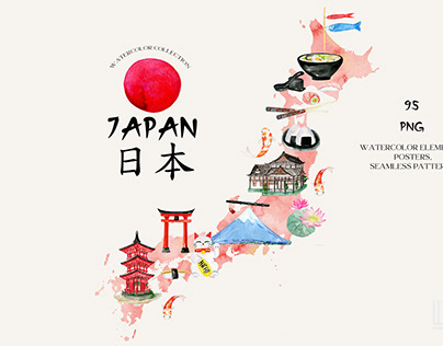 Japan. Watercolor Map & Posters