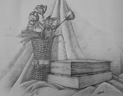 Still life drawn with graphite pencil