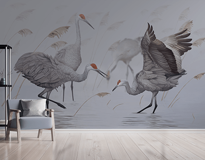 Project of wallpaper with majestic cranes in the mist.
