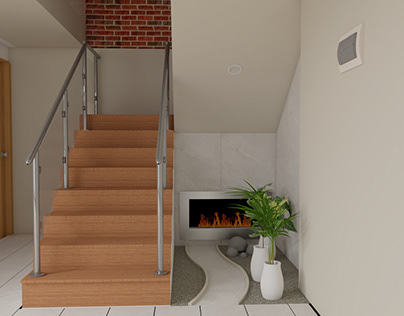 Escaleras de residencia con espacio zen y chimenea