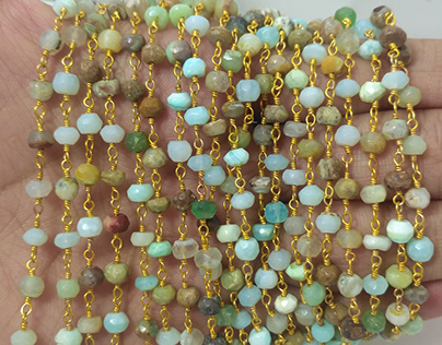 Natural Peruvian Opal Rosary Gemstone Beaded Gold Chain