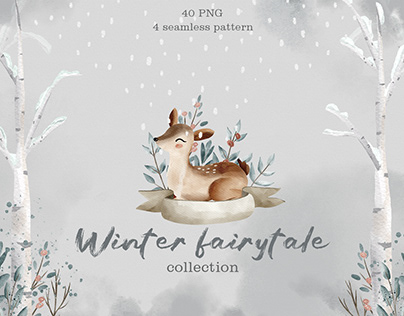 Watercolor winter fairytale forest, Baby deer clipart
