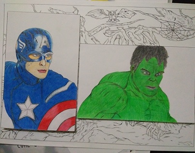 Captain America and Hulk Colour pencil illustration