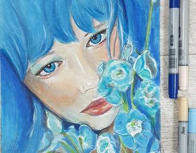 Retrato mujer en azul. Con rotuladores Copic y lápiz