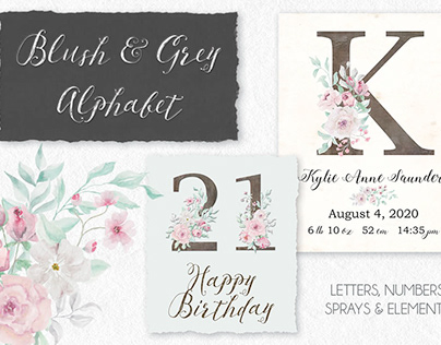 Blush and grey watercolor floral alphabet