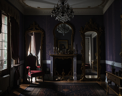 Dimly Lit Room with Ornate Mirror