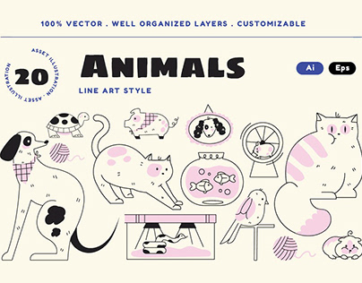 Pink Line Art Animals Pet Asset Illustration