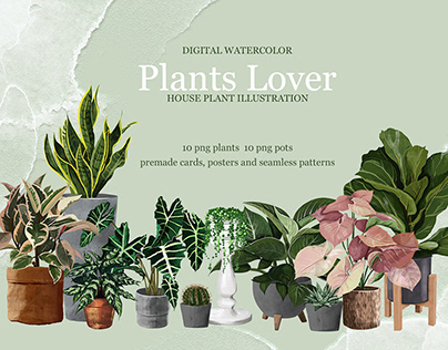 Digital watercolor pack with house plant illustration