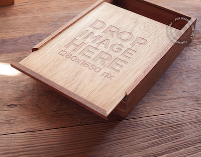 Mockup Featuring a Wooden Box on Top of a Wooden Table
