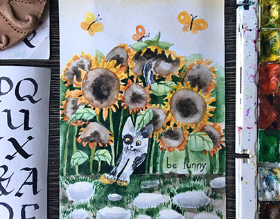Painting of cat and sunflowers