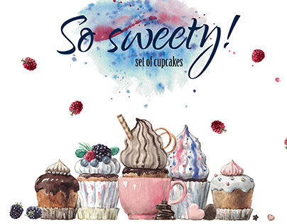 Watercolor collection of cupcakes, handdrown elements