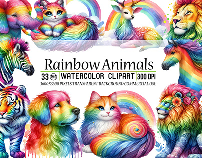Watercolor Rainbow Animals Clipart