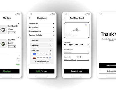 Cart, Checkout, Credit card design for mobile app