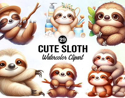 Watercolor Cute Sloth Clipart
