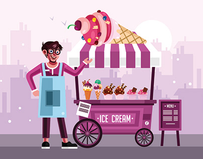 Ice Cream Street Food Cart with Seller