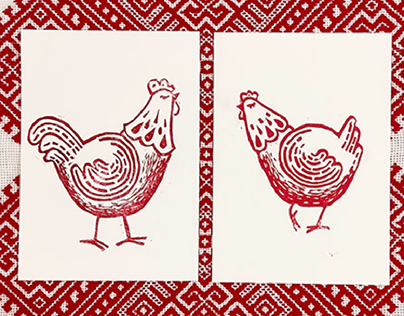 hen and rooster linoprint / kura i kogut linoryt