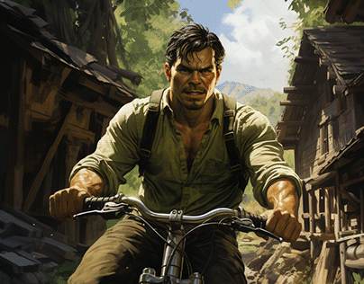 Hulk is riding a bicycle in the countryside