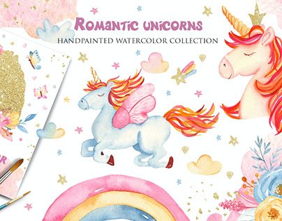 Watercolor Romantic Unicorns