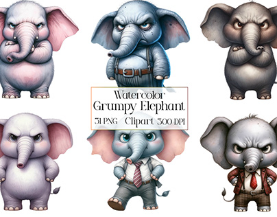 Watercolor Funny Grumpy Elephant Clipart