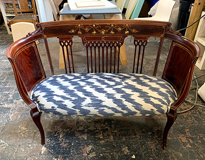 Reupholstered Antique Wood Settee With Inlay