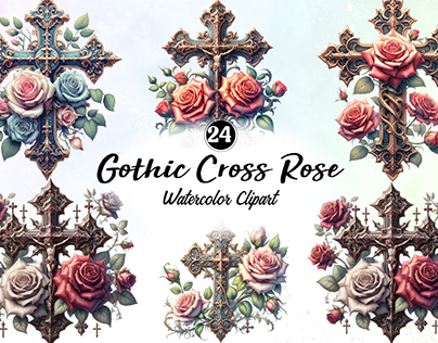 Gothic Cross Rose Watercolor Clipart