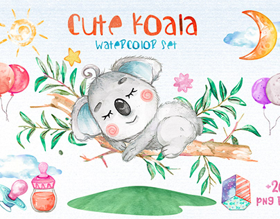 Watercolor Koala Cliparts Set