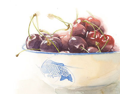 Still life composition of a bowl of cherries