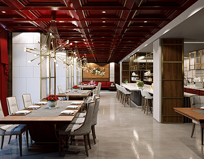 Elegant restaurant, reddish tones and gold details