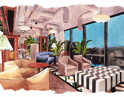 Watercolor interiors for a London hotel