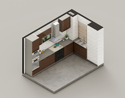Interior scene of a grey brown kitchen