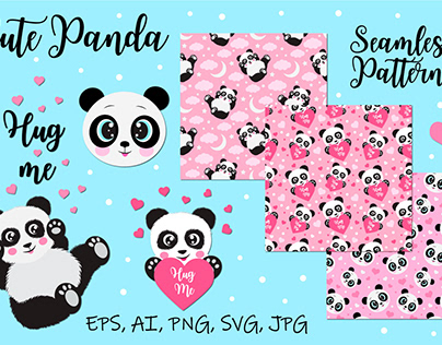 vector set of cute panda and seamless patterns.