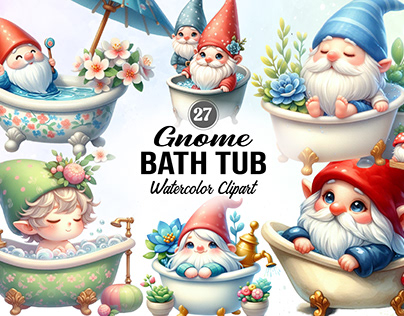 Bath Tub Gnome Watercolor Clipart