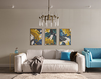 Living room. Blue & brass & beige