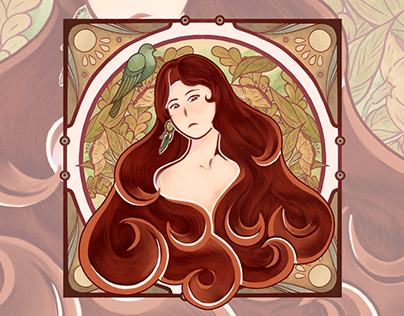 Girl and bird in art nouveau style/ILLUSTRATION