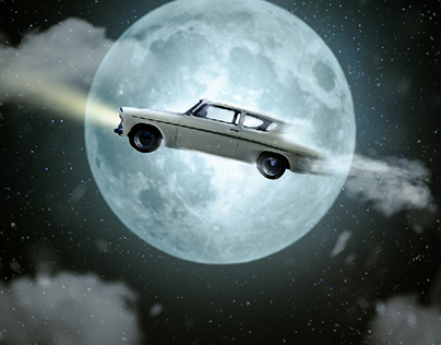 a car flying with the moon