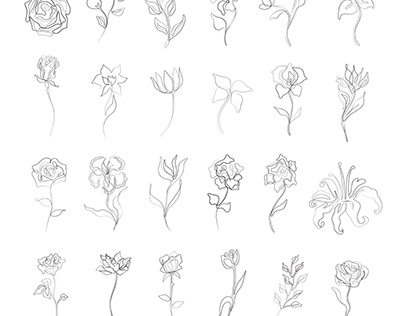 Flowers set, abstract print continuous line drawing,