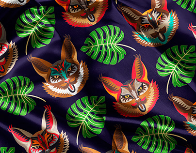 Vector seamless pattern with evil tropical cats.