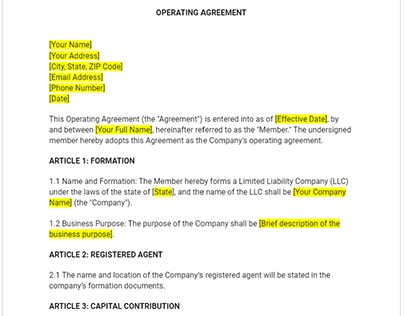 Project thumbnail - Single Member LLC Operating Agreement-Member Managed